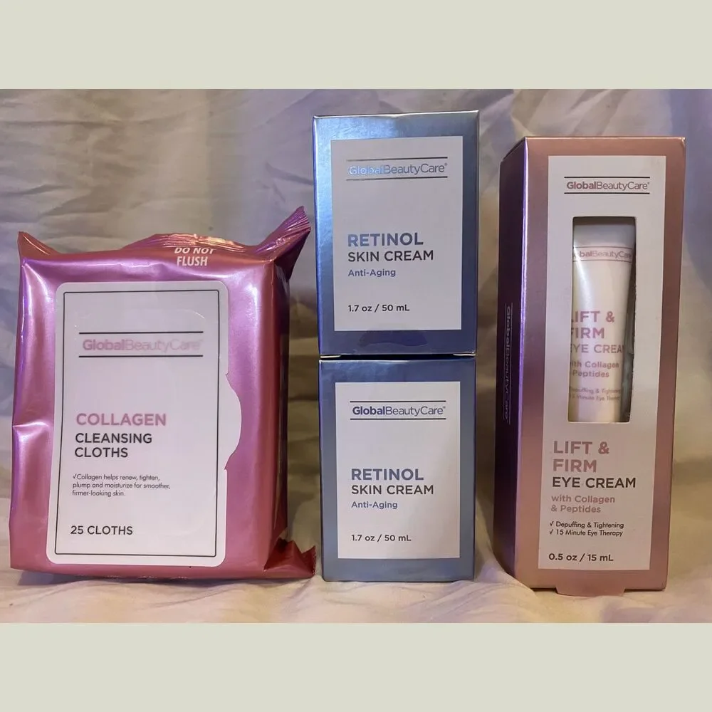 Lot of 5 Global Beauty Care Retinol Cream Eye Cream Collagen Cloths NEW Sealed
